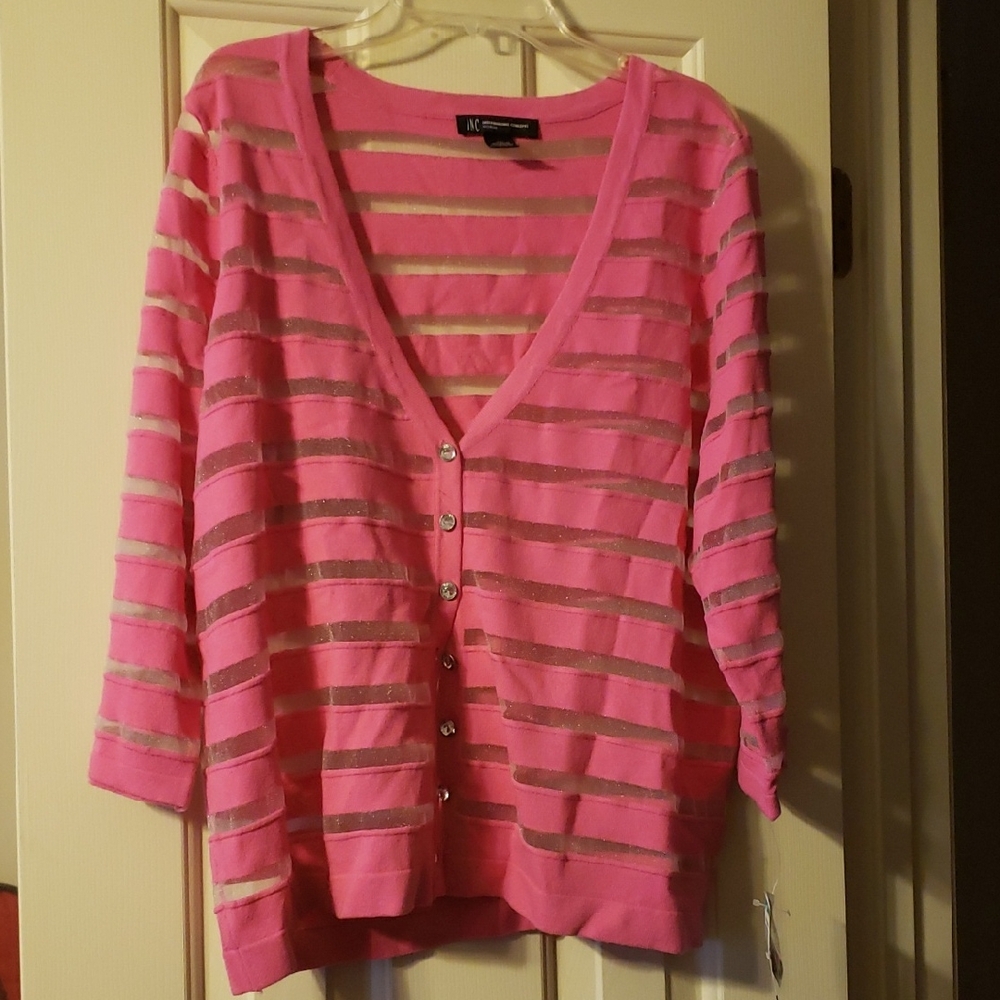 INC International Concepts Pink Pop Sheer Tribal Sunrise2 Cardigan Sweater
